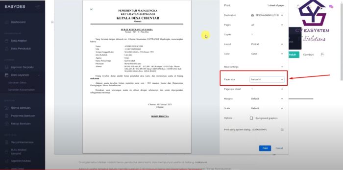 Cara Print di Easydes Ukuran Kertas F4